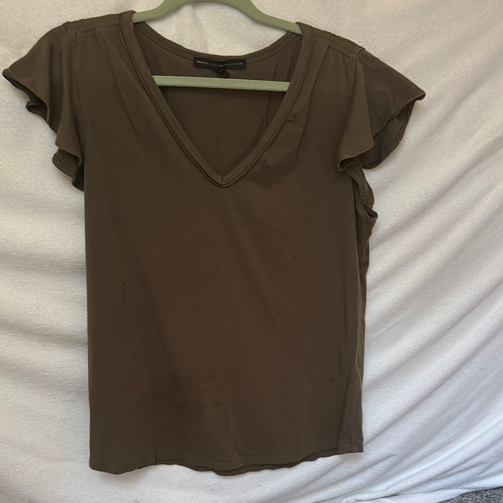 White House Black Market Green Ruffled Flutter Sleeve Top